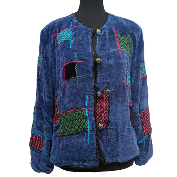 Vintage Allure Chenille Patchwork Sweater Jacket Blue Button Up Cozy Boho Lined - Picture 1 of 7